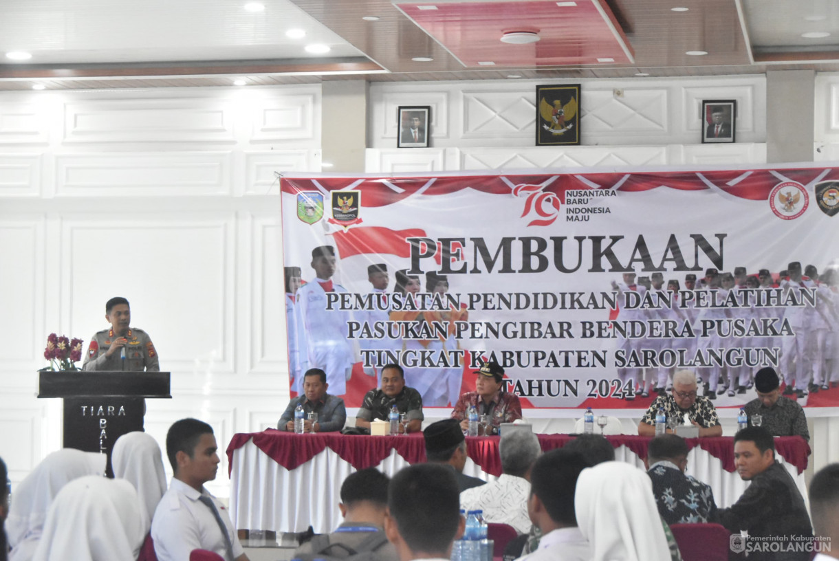 2 Agustus 2024 -&nbsp;Pembukaan Pemusatan Pendidikan Dan Pelatihan Pasukan Pengibar Bendera Pusaka Tingkat Kabupaten Sarolangun Tahun 2024, Bertempat di Ballroom Hotel Nafiti Sarolangun