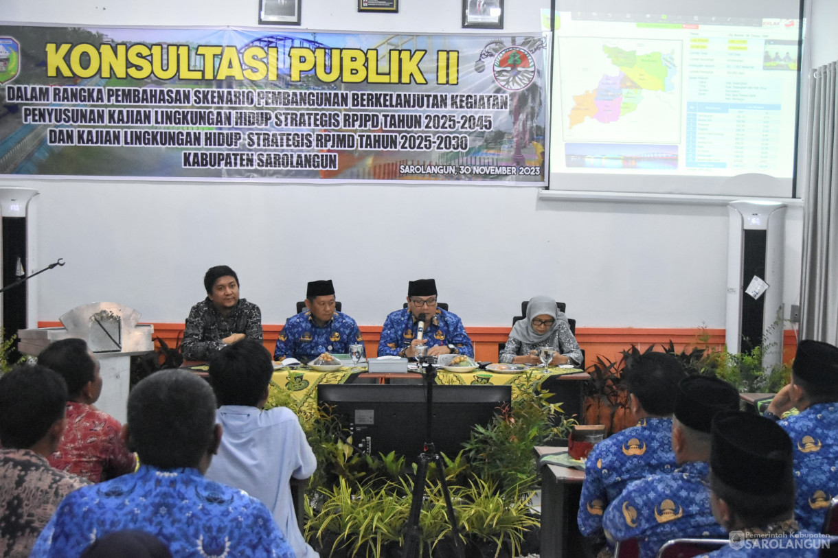 30 November 2023 - Konsultasi Publik II Dalam Rangka Pembahasan Skenario Pembangunan Berkelanjutan Kegiatan Penyusunan Kajian Lingkungan Hidup Strategis RPJPD Tahun 2025 sd2045 Di Aula Dinas Lingkungan Hidup Sarolangun