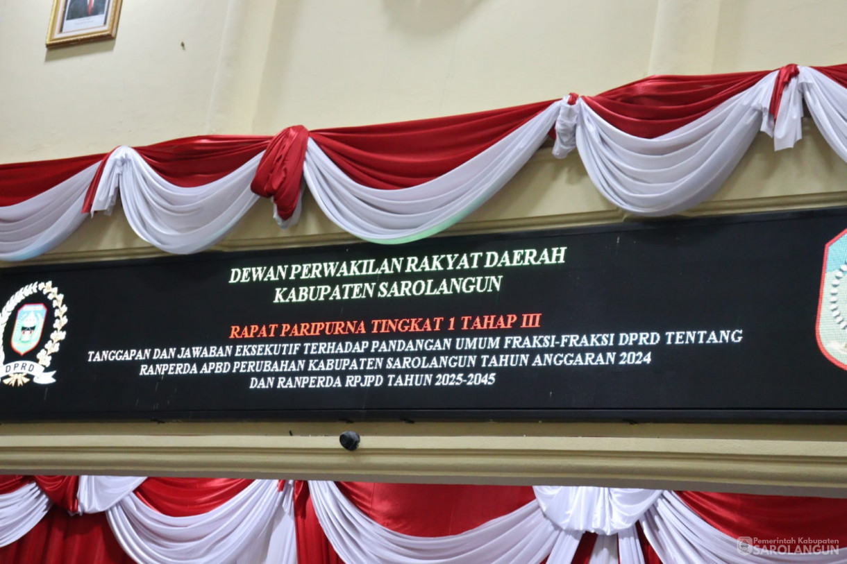 26 Agustus 2024 -&nbsp;Rapat Paripurna Tingkat I Tahap III Tanggapan dan Jawaban Eksekutif Terhadap Pandangan Umum Fraksi DPRD tentang Ranperda APBDP Kab. Sarolangun TA.2024 dan Ranperda RPJPD Tahun 2025 sd 2045