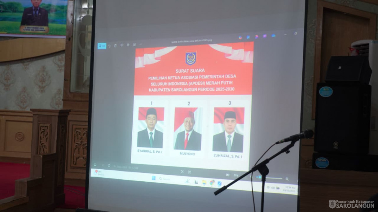 23 Oktober 2025&nbsp; Pembukaan Musyawarah Cabang Luar Biasa Pemilihan Ketua APDESI Merah Putih Kab Sarolangun Periode 2025 sd 2030 Bertempat di ruang pola kantor bupati Sarolangun